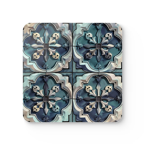 Artisan tile corkwood coaster set, square shape, handmade seamless pattern.