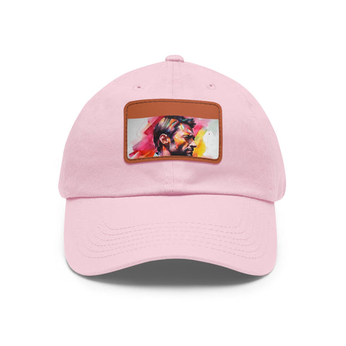 Neon watercolor hat featuring Hugh Jackman design, white/light brown patch.