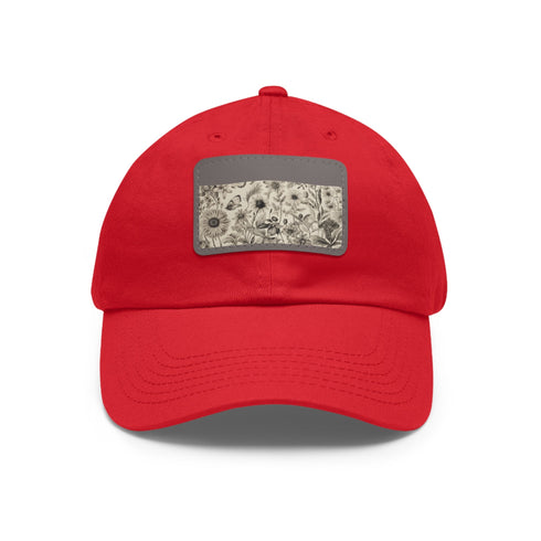 Blooming botanical baseball cap in white with light brown rectangular patch.