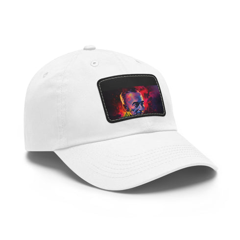 Neon baseball cap with white patch, Robert Oppenheimer watercolor design.