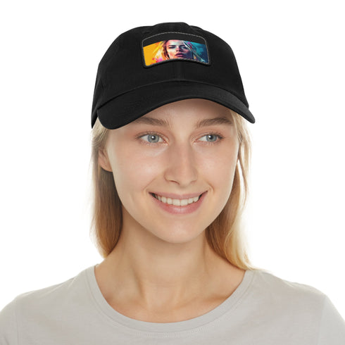 Neon colored cotton hat with light brown rectangular patch.