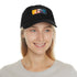 Neon colored cotton hat with light brown rectangular patch.
