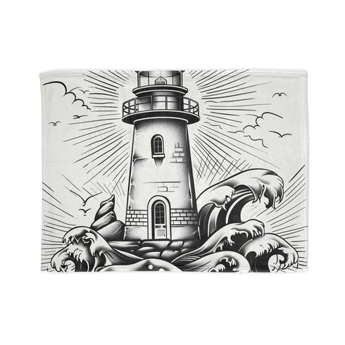 Cozy coastal lighthouse blanket with crashing waves design - sublimation print