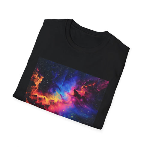 Charcoal cotton t-shirt with neon space galaxy design vibrant star patterns