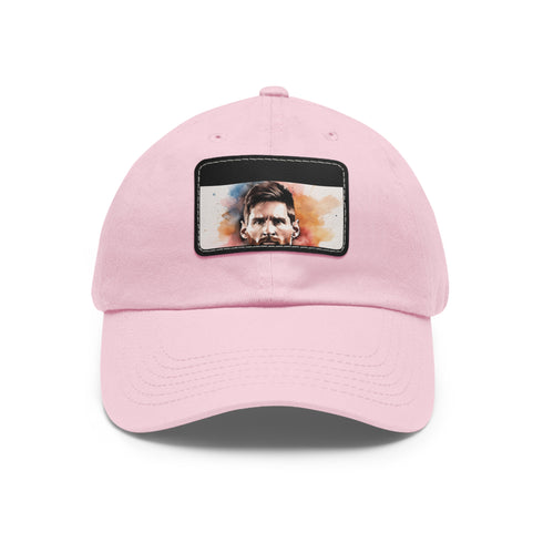 White cotton baseball hat with light brown patch, rectangle style.