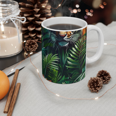 Tiger Jungle Safari Mug: Roar! Ceramic 11oz coffee mug with tiger pattern.