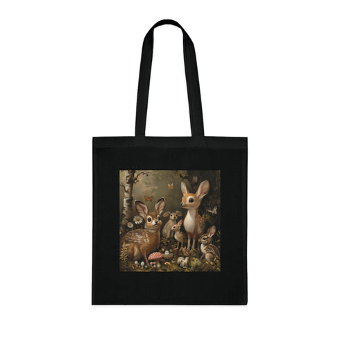 Forest Fable Tote Bag in Black Cotton with Woodland Creatures