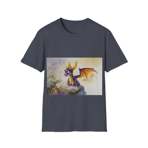 Magical Watercolor Spyro Tee in Charcoal, Size S, Vibrant Dragon Design.