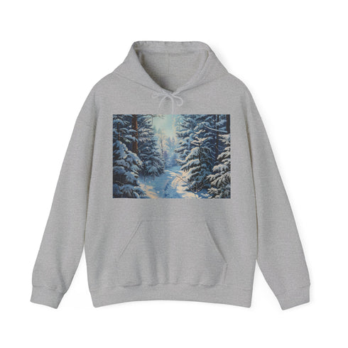 Snowy Splendor hoodie in navy, showcasing winter wonderland landscape illustration.