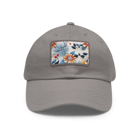 Floral white baseball cap with light brown patch and rectangle shape.