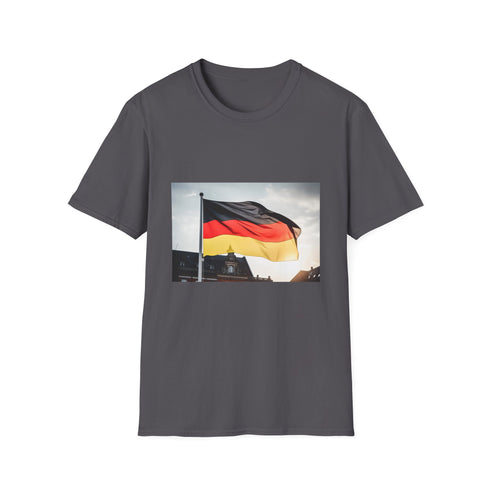 Black, red, gold Teutonic Tapestry tee shirt in navy, size small.
