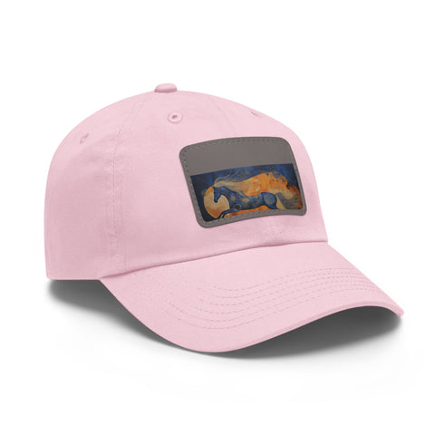 Abstract horse silhouette white cotton baseball cap with light brown patch.