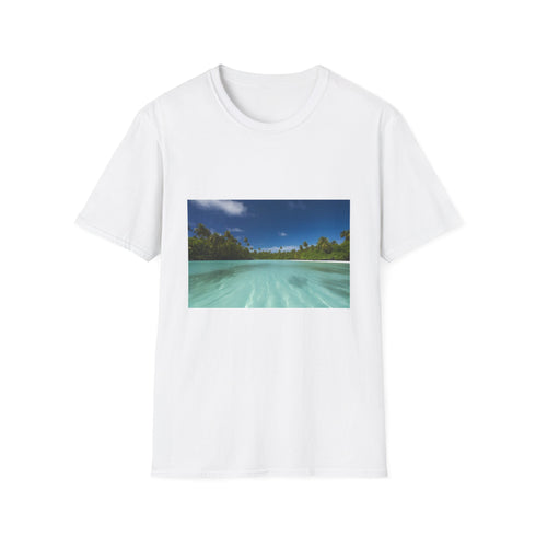 Charcoal crew neck cotton T-shirt featuring idyllic Aitutaki island-inspired design