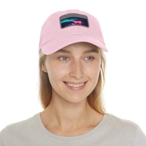 Neon watercolor charm baseball cap with light brown patch, rectangle shape.