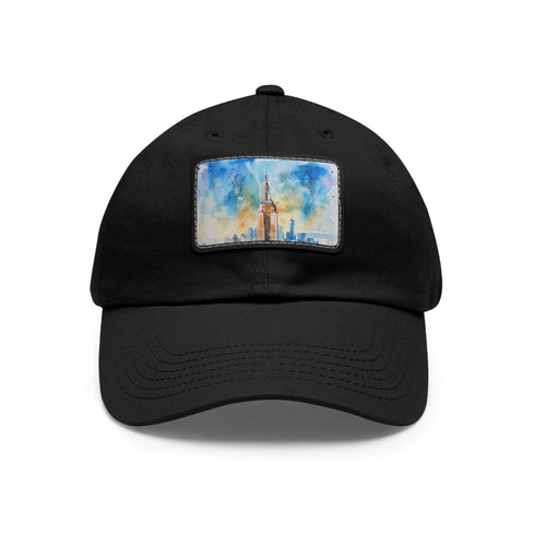Empire State watercolor skyline baseball cap, white with light brown patch.