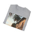 Charcoal cotton T-shirt captures Zanzibar market's vibrant essence.