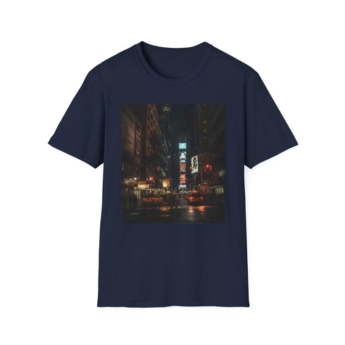 Charcoal cotton T-shirt with vibrant city lights night sky design