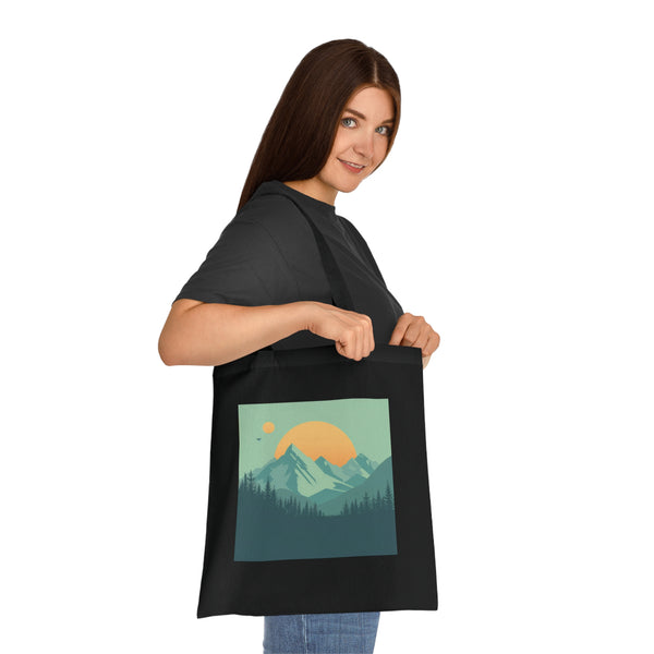 Alpine Simplicity Tote Bag in Black Cotton with Mountain Landscape Design