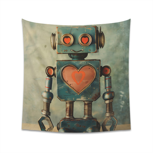 Vintage Robot Love Tapestry: Quirky Retro Futurism Decor - High-Quality & Stylish - Perfect Gift - Available in 2 Sizes