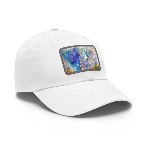 Eiffel Tower Watercolor Baseball Cap in White with Light Brown Patch