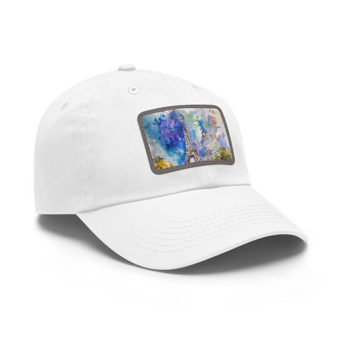 Eiffel Tower watercolor baseball cap with white patch and rectangle shape.