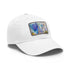 Eiffel Tower watercolor baseball cap with white patch and rectangle shape.