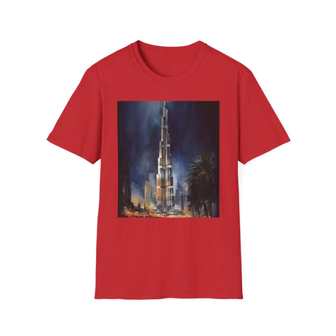 Charcoal crew neck cotton T-shirt with watercolor Dubai skyline graphic design