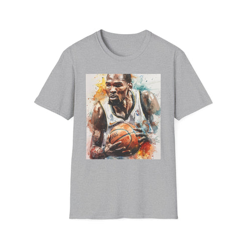 Charcoal crew neck t-shirt featuring vibrant watercolor portrait of basketball star