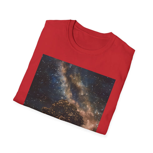 Charcoal cotton crew neck t-shirt featuring vibrant Milky Way night sky painting