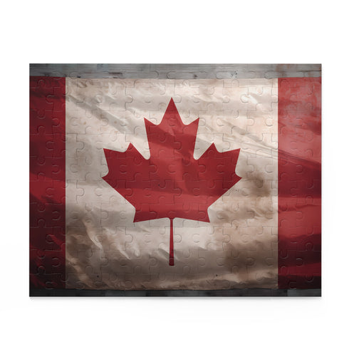 Canadian flag jigsaw puzzle with iconic maple leaf design.
