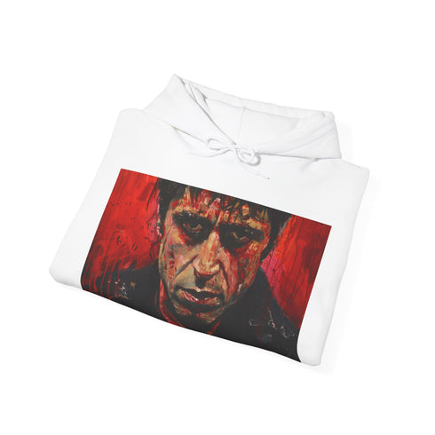 Scarface-inspired canvas hoodie in navy, regular fit, sizes S.