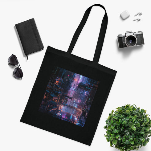 Cyberpunk Metropolis Tote Bag, Cotton, Futuristic Cityscape, Neon Lights.