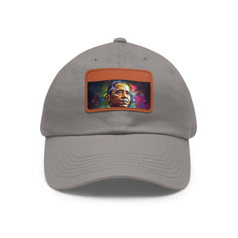 Neon Obama watercolor baseball cap with light brown patch.