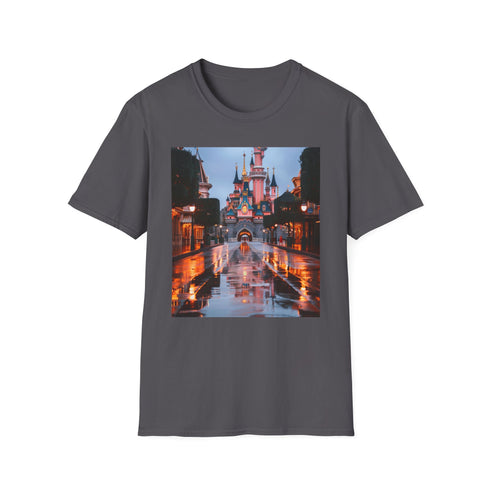 Charcoal Disney Castle T-shirt with vibrant fairy tale design made of cotton