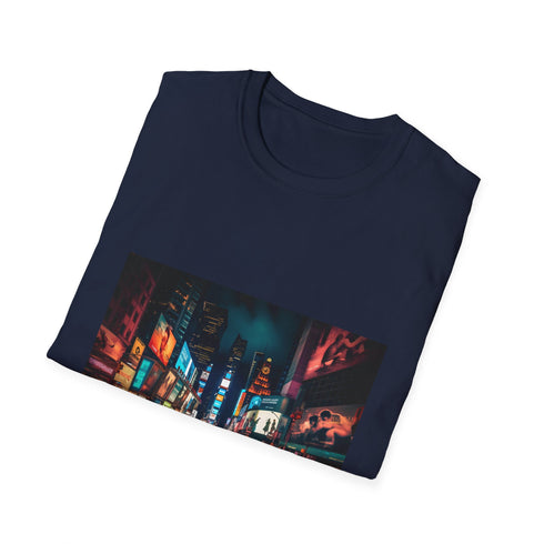 Charcoal cotton crew neck t-shirt featuring vibrant Times Square night scene graphic