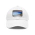 Malibu Dreamin baseball cap with light brown patch and beach image.