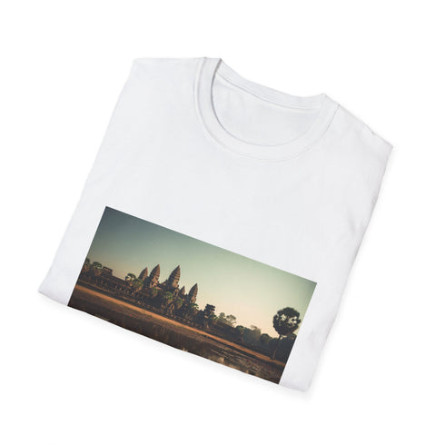 Charcoal crew neck T-shirt featuring Angkor Wat silhouette in soft cotton fabric