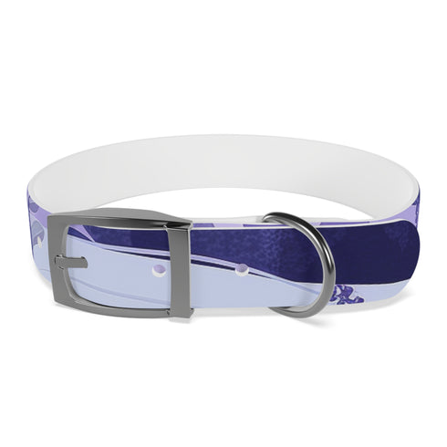 Stylish lavender dog collar with vibrant flower pattern for walk time chic.