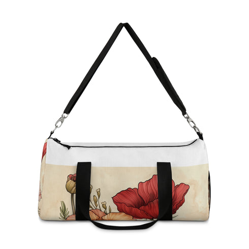 Hand-drawn floral print small duffel bag, feminine travel statement.