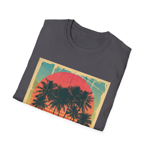 Retro sunset palm tree graphic charcoal T-shirt for men and women
