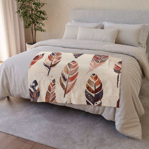Bohemian Artisan Feathers Seamless Pattern Plush Fleece Throw Blanket - Product in Use Lifestyle View | Prints With Passion