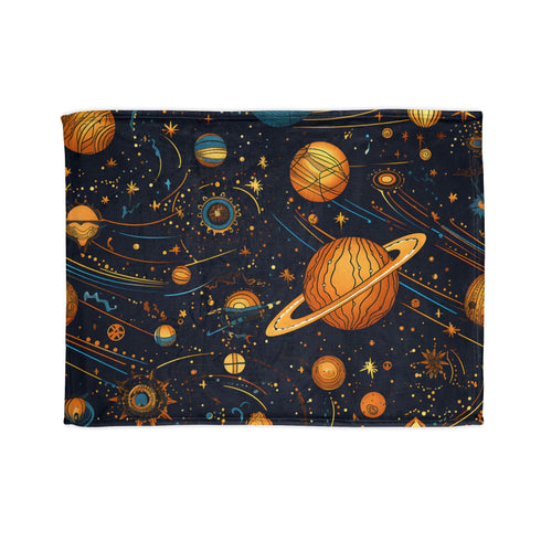 Celestial Melodies blanket with cosmic stars and moons pattern.