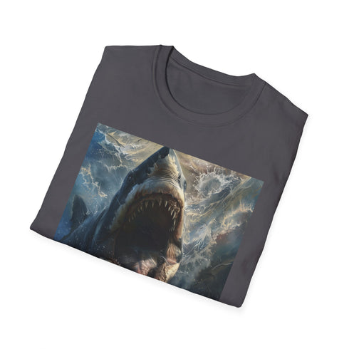 Charcoal Megalodon painting t-shirt with vivid prehistoric design and crew neck