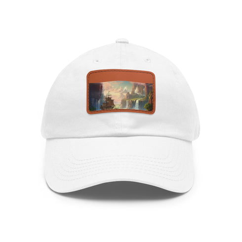 Whimsical white cotton baseball cap with light brown rectangle patch.