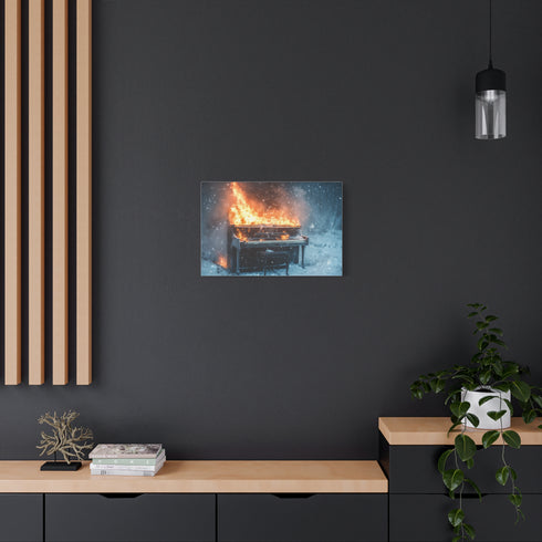 Burning Piano in Snowstorm Stretched Canvas Wall Art