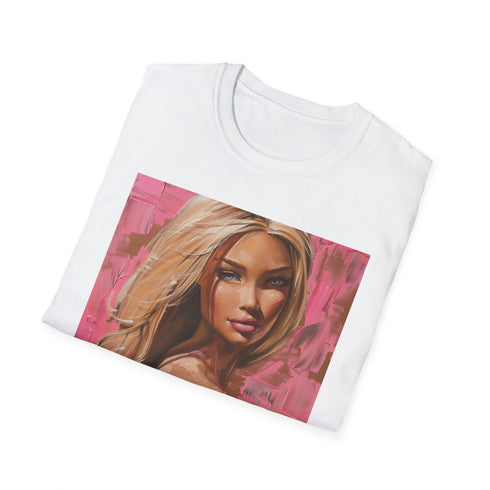 Charcoal cotton T-shirt featuring vibrant Barbie portrait in soft brushstrokes