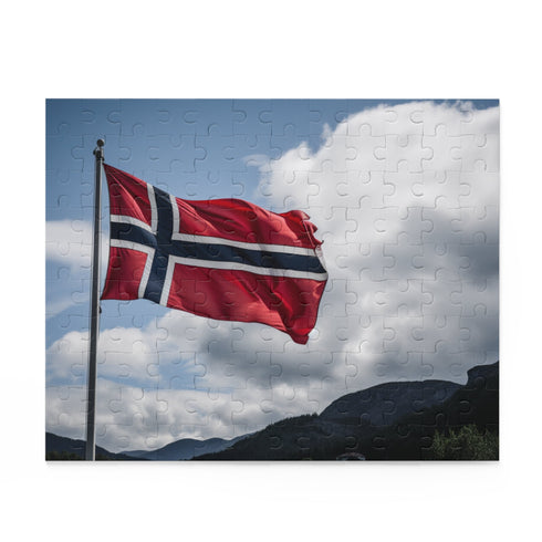 Challenging jigsaw puzzle of Norway flag against stunning Nordic landscape.
