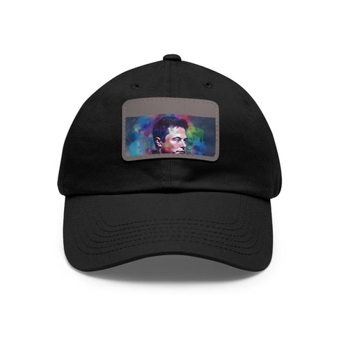 Neon watercolor Elon Musk baseball cap with light brown patch.
