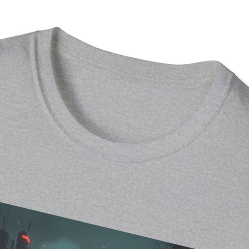 Charcoal cyberpunk cityscape t-shirt with neon skyscraper design cotton fabric