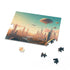 Futuristic flying cityscape puzzle with skyscrapers, cars, and stunning skyline.